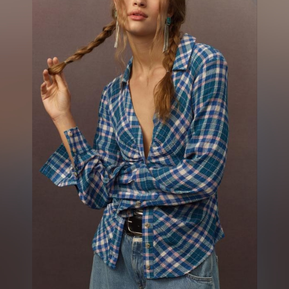 🏷NWT Anthropologie The Keaton Ruched Collared Blouse by Pilcro Size Small